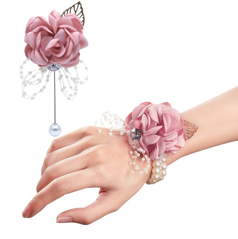 ARTFLWS ARTFLWS Rose Wrist Corsage Boutonniere SetWrist Flower Corsage Wristlet Band Bracelets and Mens Boutonniere for Wedding Flowers Accessories Prom Suit Decor 