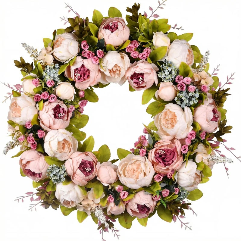 Covanm Front Door Wreath, 22 Inch Spring Wreath Handmade Peony Rose Door Summer Wreaths for Outdoor Front Door, Wall and Window Decor - Image 1