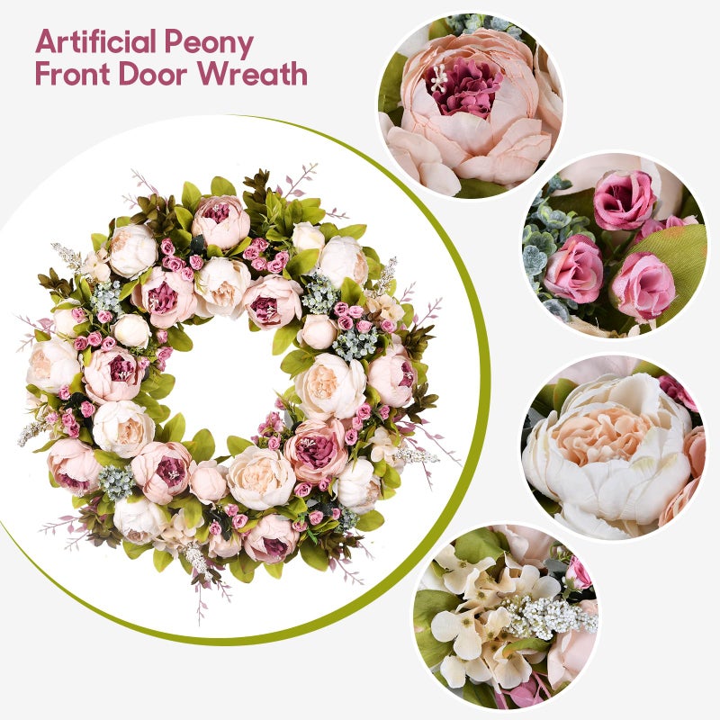 Covanm Front Door Wreath, 22 Inch Spring Wreath Handmade Peony Rose Door Summer Wreaths for Outdoor Front Door, Wall and Window Decor - Image 2