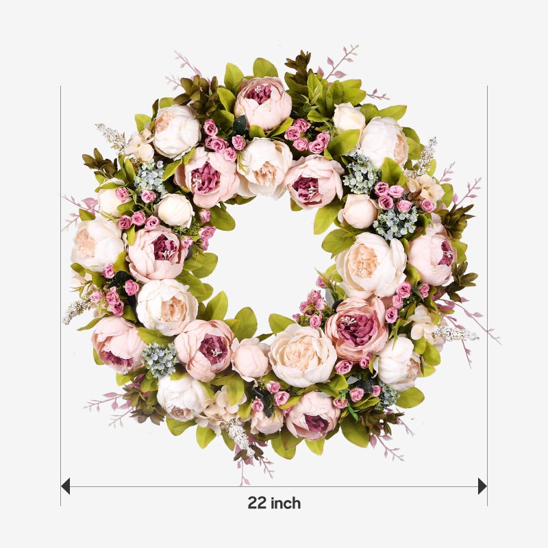 Covanm Front Door Wreath, 22 Inch Spring Wreath Handmade Peony Rose Door Summer Wreaths for Outdoor Front Door, Wall and Window Decor - Image 3