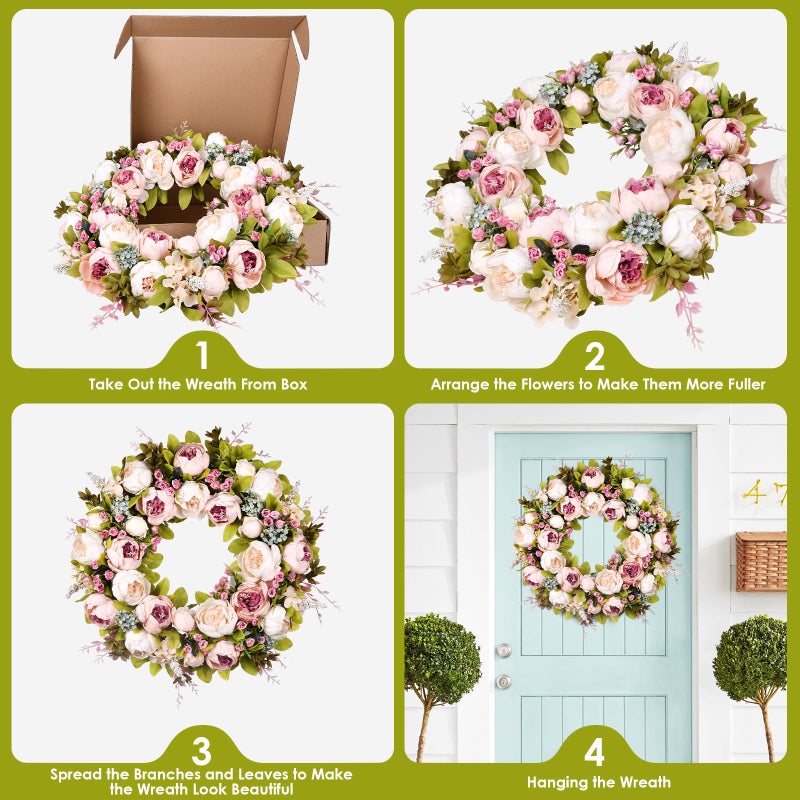 Covanm Front Door Wreath, 22 Inch Spring Wreath Handmade Peony Rose Door Summer Wreaths for Outdoor Front Door, Wall and Window Decor - Image 4