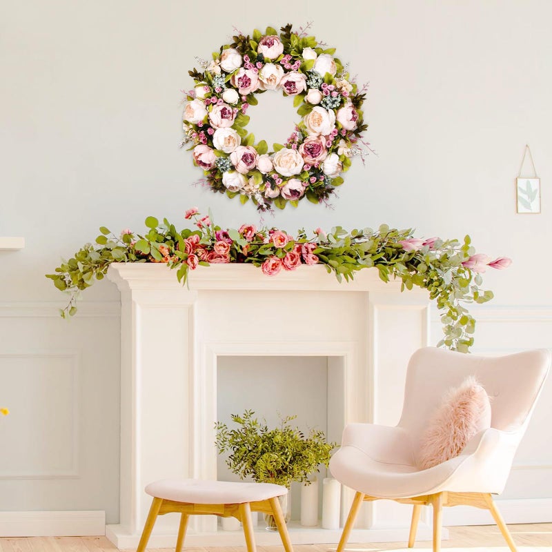 Covanm Front Door Wreath, 22 Inch Spring Wreath Handmade Peony Rose Door Summer Wreaths for Outdoor Front Door, Wall and Window Decor - Image 5