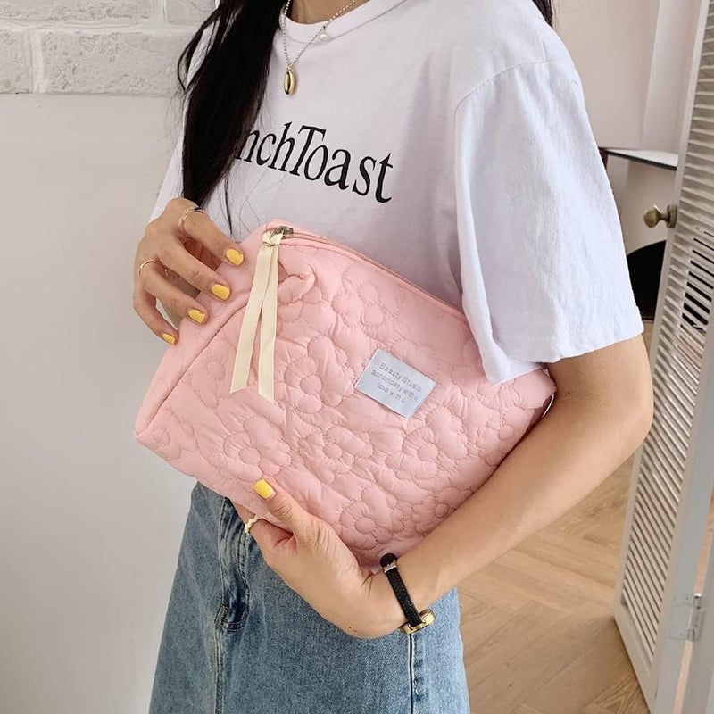 Juoxeepy Cotton Makeup Bag Large Travel Cosmetic Bag Quilted Cosmetic Pouch Coquette Aesthetic Floral Toiletry Bag - Image 3