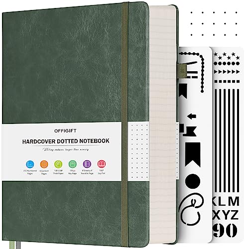 OFFIGIFT Bullet Dotted Journal Notebook, 312 Numbered Pages A5 Hardcover Leather Journal, 100gsm No Bleed Paper Dot Grid Notebook with Index Pages, Dot Journal for Women Men, 5.75" x 8.38", Green - Image 1