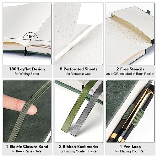 OFFIGIFT Bullet Dotted Journal Notebook, 312 Numbered Pages A5 Hardcover Leather Journal, 100gsm No Bleed Paper Dot Grid Notebook with Index Pages, Dot Journal for Women Men, 5.75" x 8.38", Green - Image 2