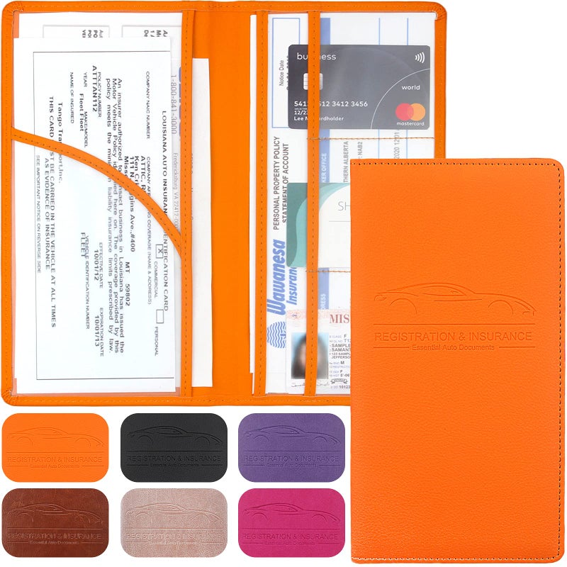 LumiMokki Premium Car Registration & Insurance Card Holder with Magnetic Shut, Vehicle Glove Box Car Organizer - For Documents, Cards, License (Orange) - Image 1