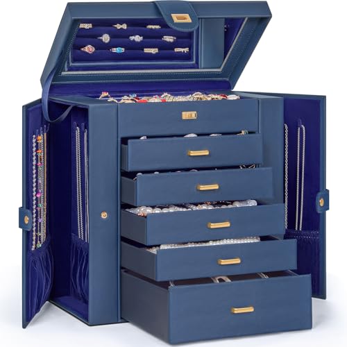 AKOZLIN Extra Large 6-Tier Jewelry Box Organizer Functional Huge, 5 Drawers Leather Jewelry Storage Case for Women Girls Ring Necklace Earring Bracelet Holder Organizer with Mirror Blue - Image 1