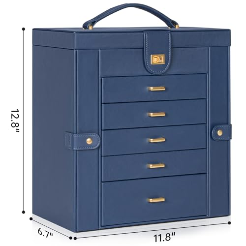 AKOZLIN Extra Large 6-Tier Jewelry Box Organizer Functional Huge, 5 Drawers Leather Jewelry Storage Case for Women Girls Ring Necklace Earring Bracelet Holder Organizer with Mirror Blue - Image 5