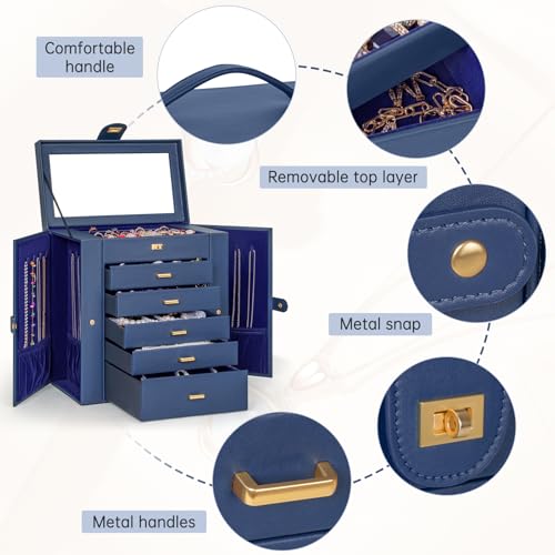 AKOZLIN Extra Large 6-Tier Jewelry Box Organizer Functional Huge, 5 Drawers Leather Jewelry Storage Case for Women Girls Ring Necklace Earring Bracelet Holder Organizer with Mirror Blue - Image 2