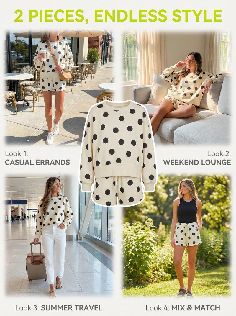 KevaMolly Womens Two Piece Lounge Sets Polka Dot Print Drop Shoulder Oversized Pullover Drawstring Shorts Set Beige XL - Image 2