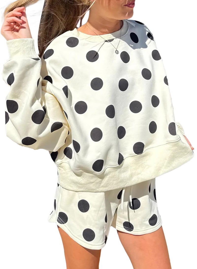 KevaMolly Womens Two Piece Lounge Sets Polka Dot Print Drop Shoulder Oversized Pullover Drawstring Shorts Set Beige XL - Image 1