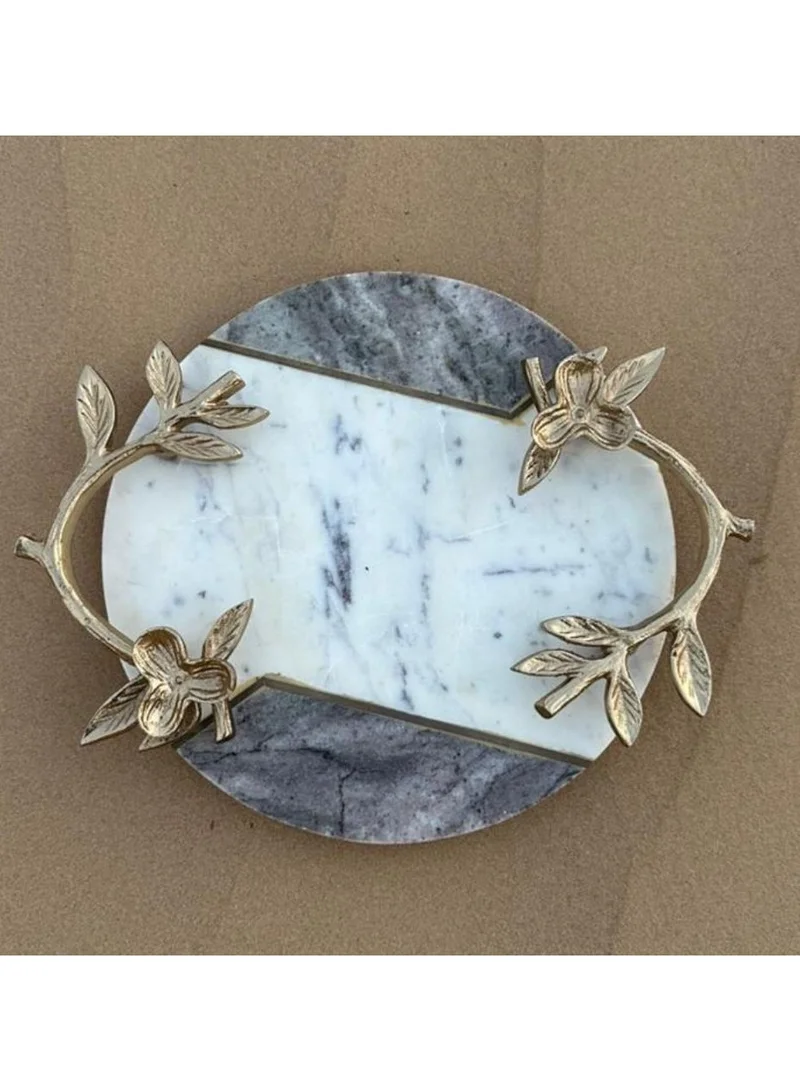 Tohfa Luxe Tohfa Luxe Athar Marble & Brass Floral Handle Platter – 25 x 35 cm | Dual-Tone Marble with Handcrafted Brass Floral Handles