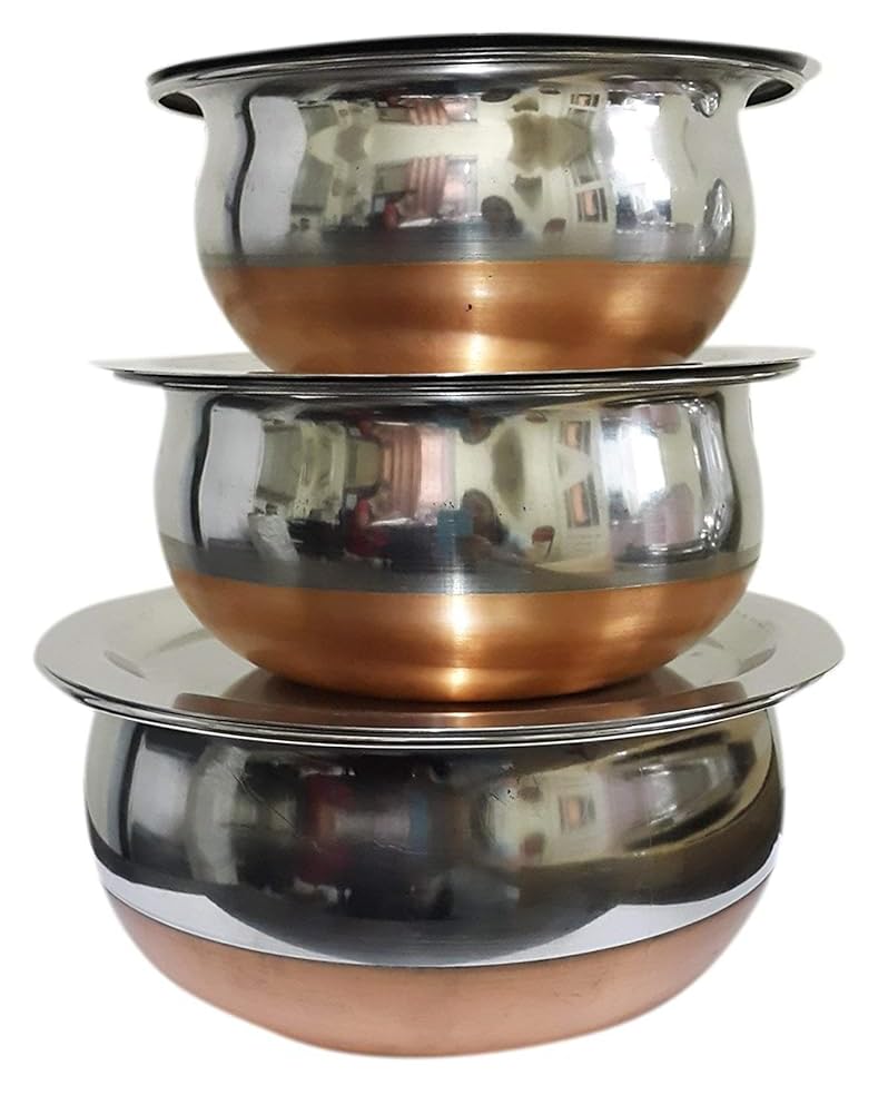 Dynore Stainless Steel Set of 3 Copper Bottom Handi Set/Serving Bowls with lid - Image 2