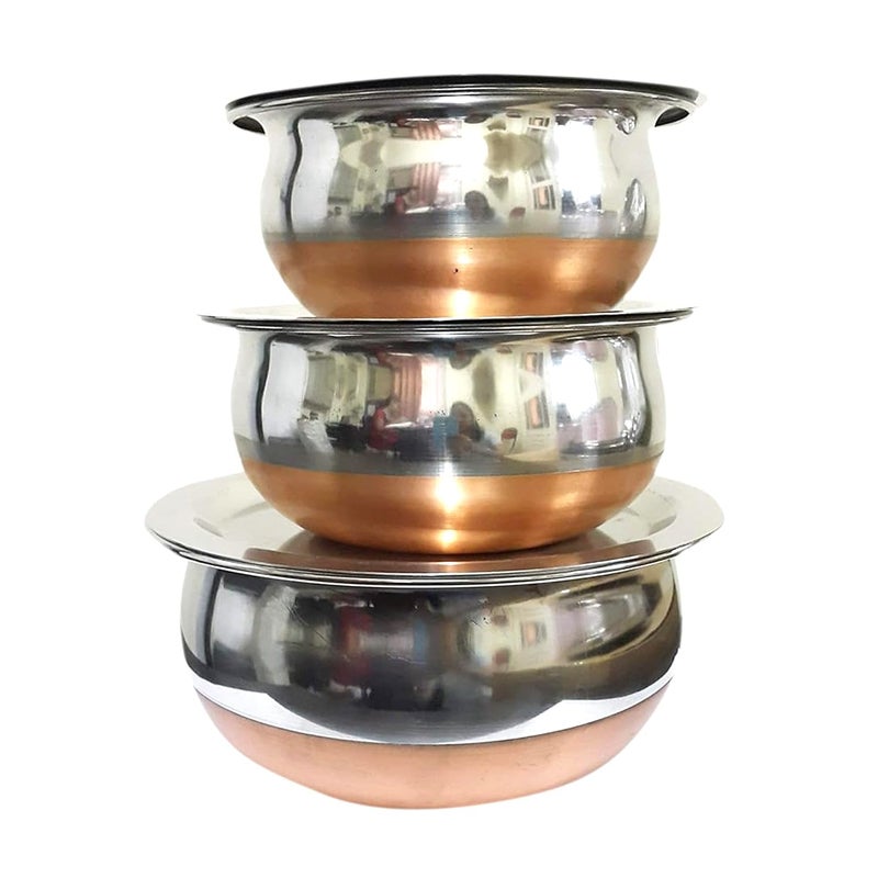 Dynore Stainless Steel Set of 3 Copper Bottom Handi Set/Serving Bowls with lid - Image 1