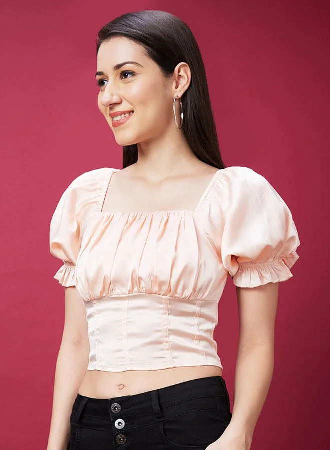 globus Square Neck Puff Sleeves Smocked Detail Crop Top