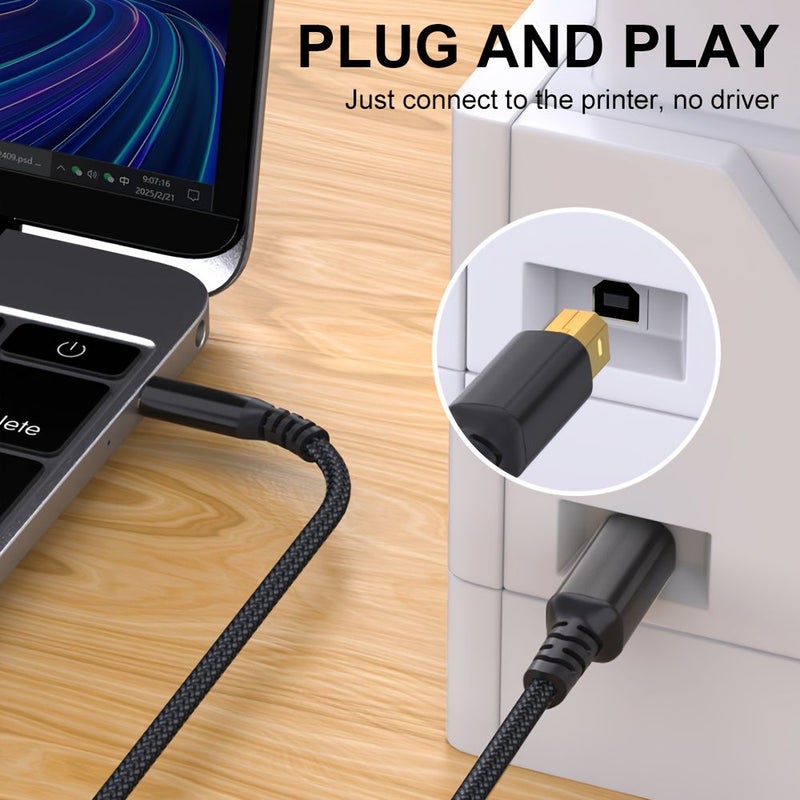USB B to USB C Printer Cable 16ft Gold Plated Black for MacBook HP Piano Keyboard - Image 5