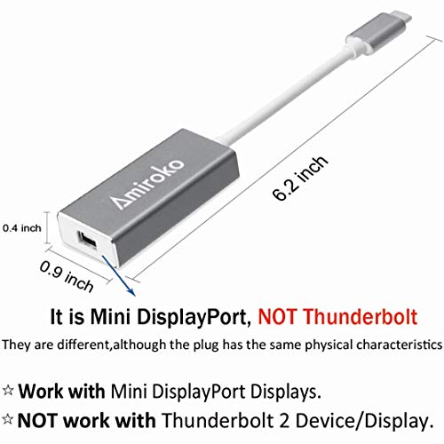 Amiroko USB-C to Mini DisplayPort Adapter, USB 3.1 Type C (Thunderbolt 3) to Mini DP Adapter Support 4K, 1080P for MacBook Pro, Alienware, to LED Cinema Display/Dell Monitor etc, Gray - Image 2
