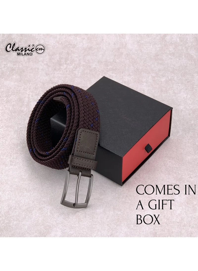 Classic Milano Brown (DWE-316) Classic Milano Braided Cotton Elastic Stretch Belt for Men & Women, Woven Canvas Web Belt with Gift Box, Adjustable Men's Belt | Full Length: 110CM (Free Size - Fits up to the waist of 40 Inches / 100 CM)  | Best Price UAE