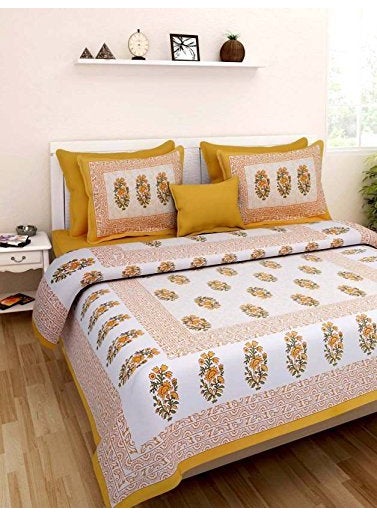 Queenie Queenie Brand 100% Cotton Rajasthani Jaipuri Traditional King Size Double Bed Bedsheet With 2 Pillow Covers/Guldasta Printed Bedsheet For Doubleb Bed (Gangaur-Ly-Ly), multi-colour  - Image 1