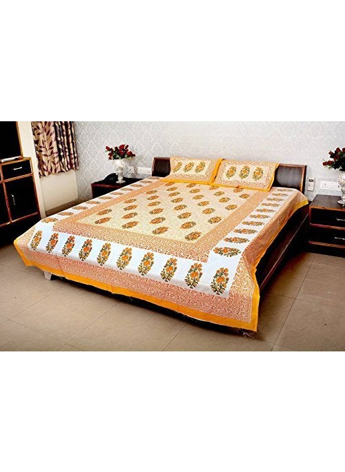 Queenie Queenie Brand 100% Cotton Rajasthani Jaipuri Traditional King Size Double Bed Bedsheet With 2 Pillow Covers/Guldasta Printed Bedsheet For Doubleb Bed (Gangaur-Ly-Ly), multi-colour  - Image 2
