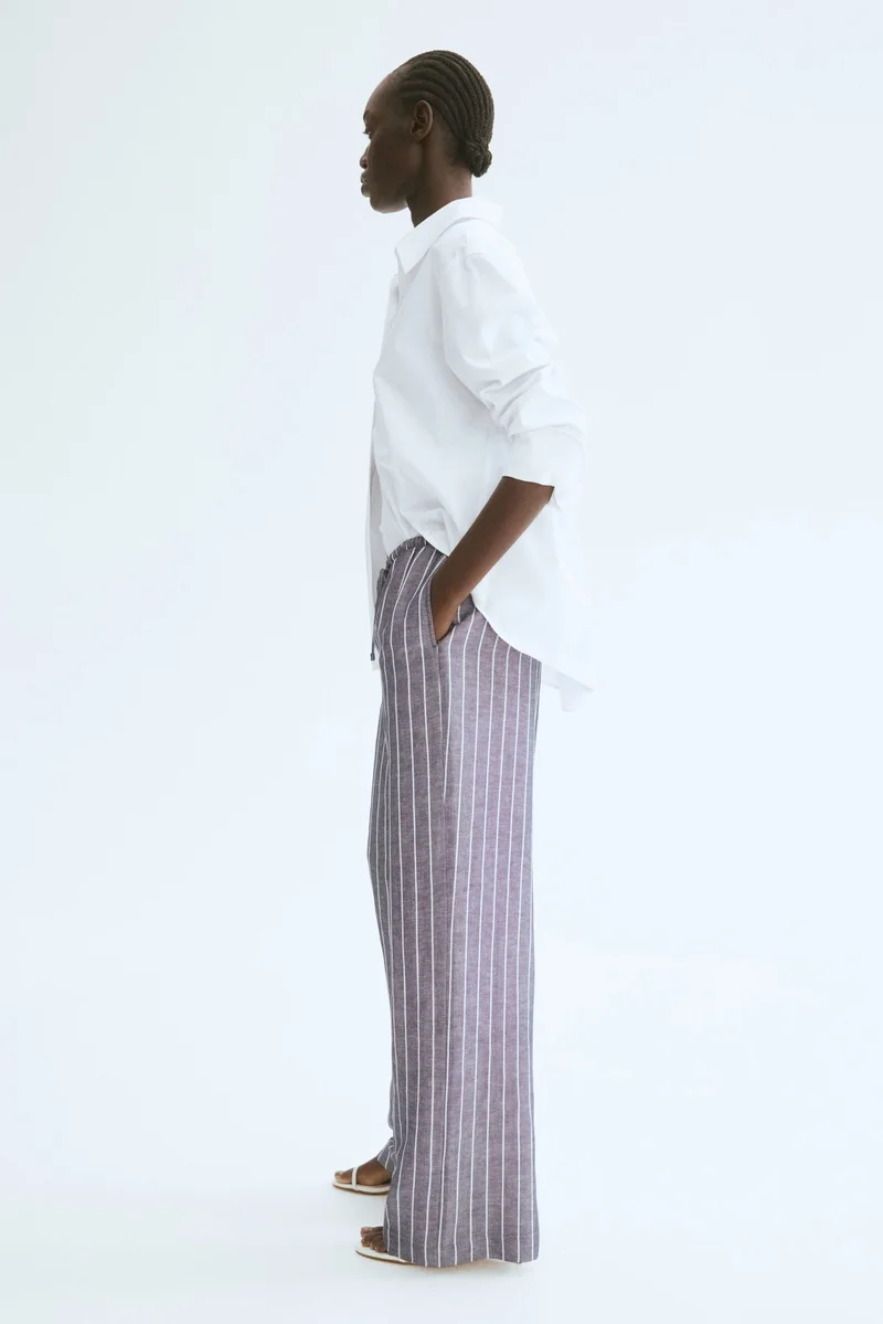 H&M purple & white striped Straight linen-blend trousers for Women | Best Price UAE