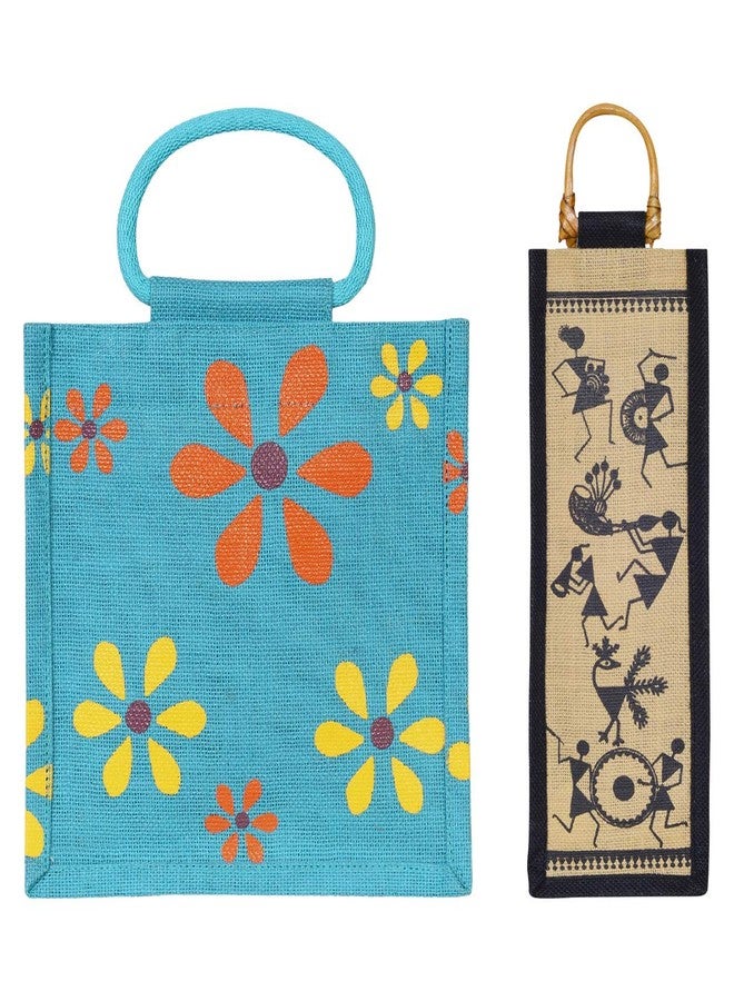 Jute Cottage Jute Bag Combo Handcrafted Stylish Unisex Multi-Purpose Zipper Flower Lunch Bag & Warli Print 1 Water Bottle Jute Bag Combo Pack - Image 2