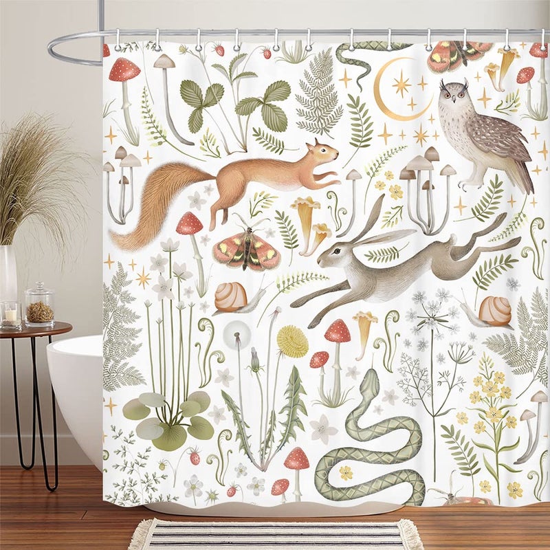 Uokiuki Fairy Rustic Forest Shower Curtain for Bahtroom, Country Woodland Wild Animals Butterfly Mushroom Set Hunting Shower Curtain, Farmhouse Rustic Cabin Lodge Shower Curtain Set with Hooks 70X70IN - Image 1