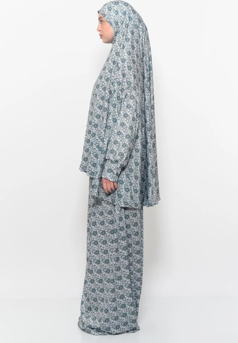 التوبة Practical Two Piece Sun Patterned Bat Sleeves Lycra Hijab Prayer Dress with Headscarf 992 0330
