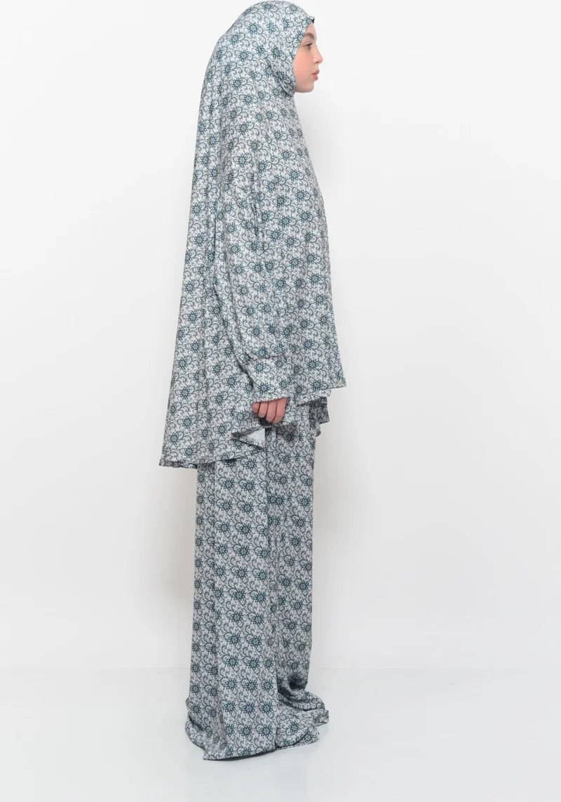 التوبة Practical Two Piece Sun Patterned Bat Sleeves Lycra Hijab Prayer Dress with Headscarf 992 0330