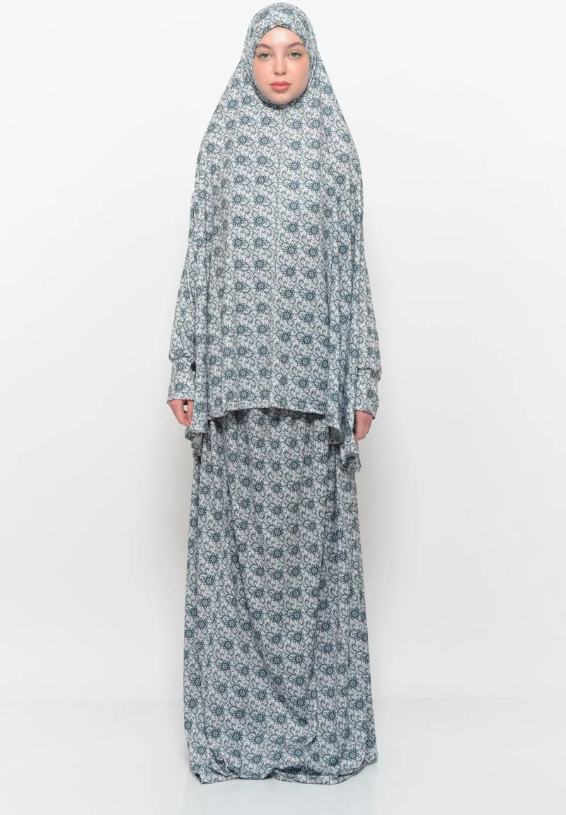 التوبة Practical Two Piece Sun Patterned Bat Sleeves Lycra Hijab Prayer Dress with Headscarf 992 0330