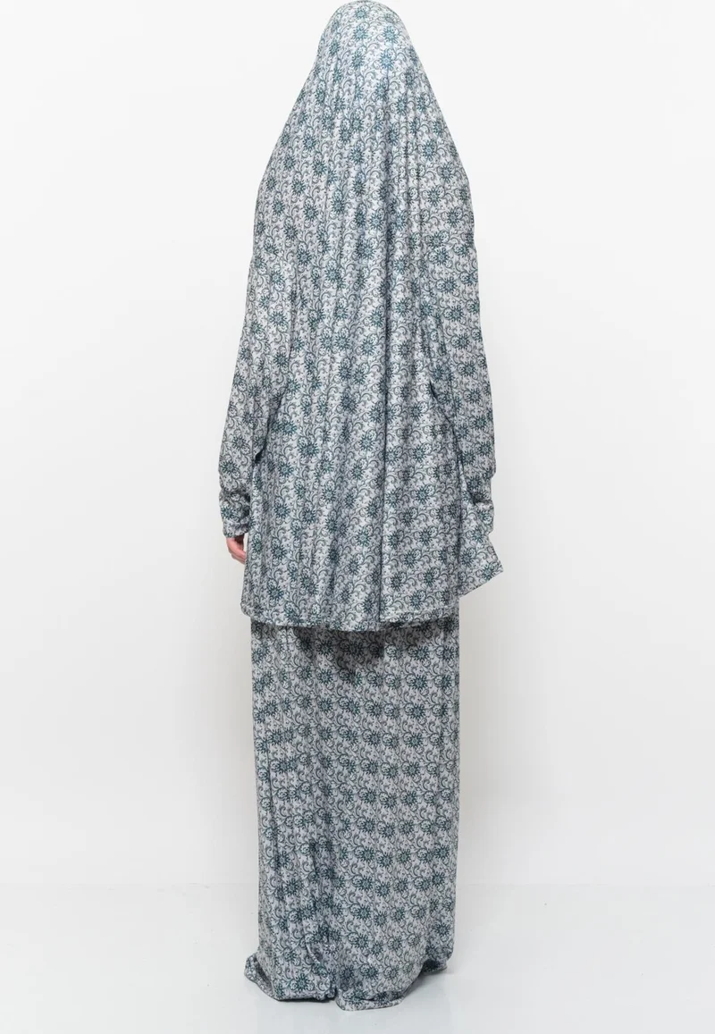 التوبة Practical Two Piece Sun Patterned Bat Sleeves Lycra Hijab Prayer Dress with Headscarf 992 0330