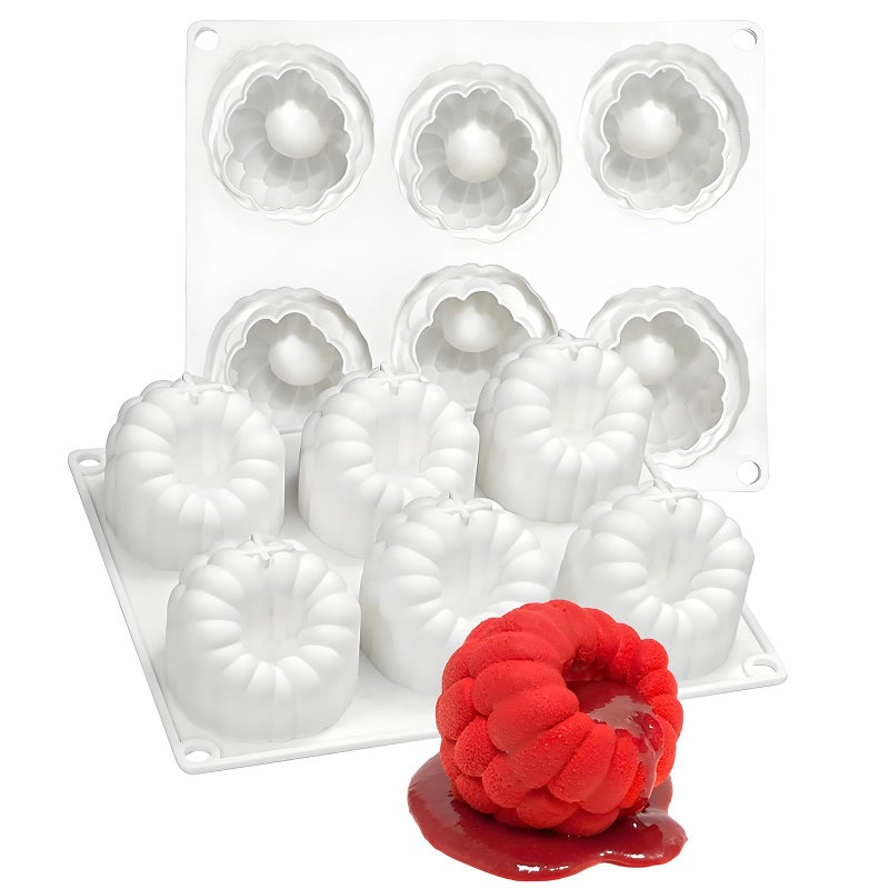Fchil 6-Cavity Raspberry Silicone Molds for Mousse Cake, Large Fluted Design, White - Image 1
