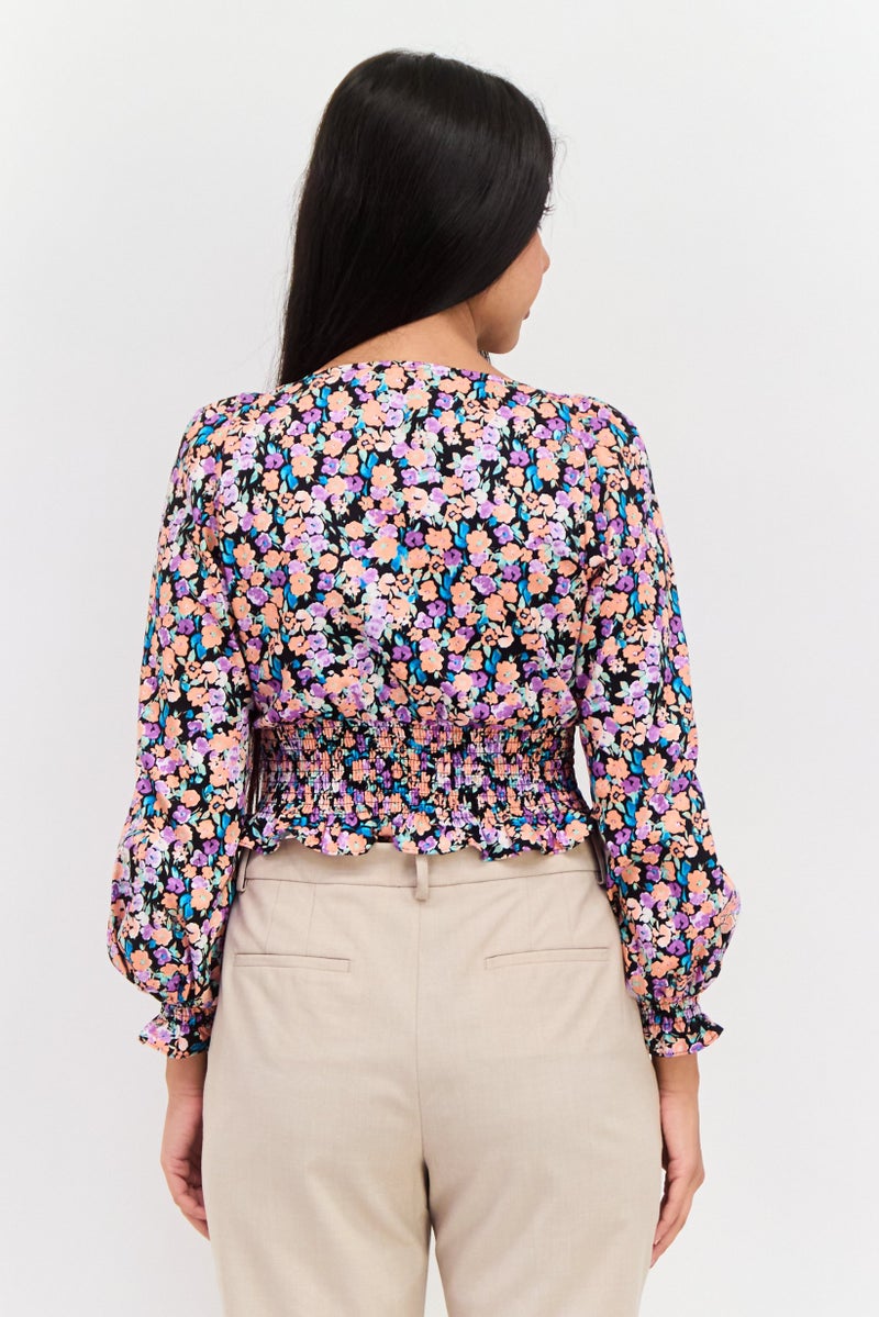 Women V Neck Long Sleeve Floral Print Top, Black Combo