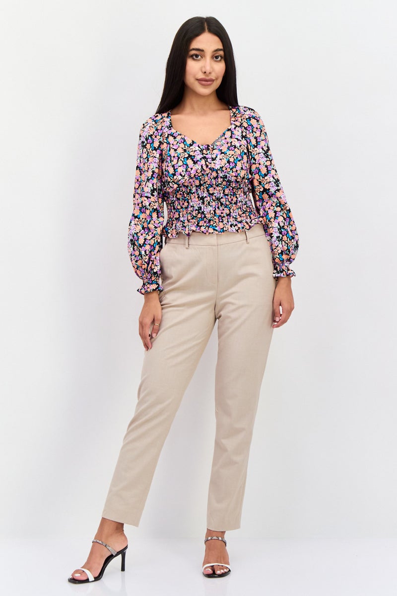 Women V Neck Long Sleeve Floral Print Top, Black Combo