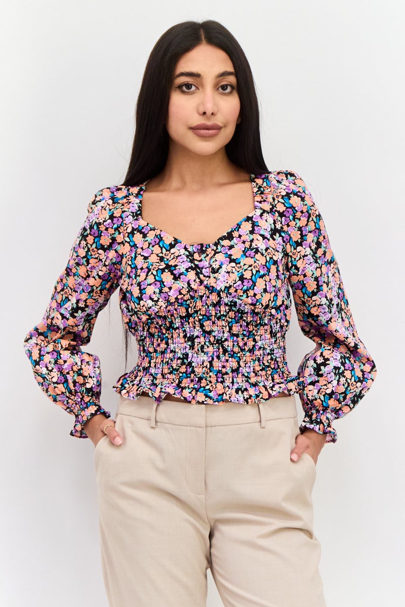Women V Neck Long Sleeve Floral Print Top, Black Combo
