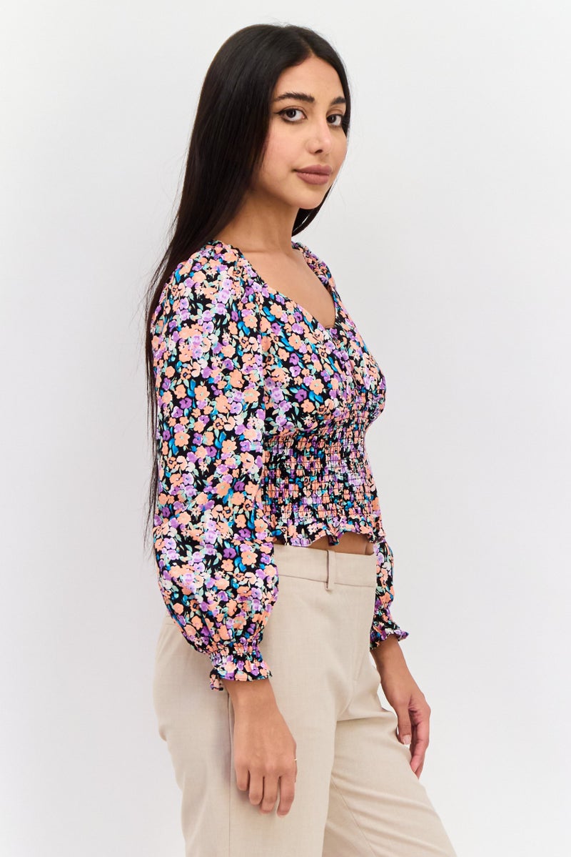 Women V Neck Long Sleeve Floral Print Top, Black Combo