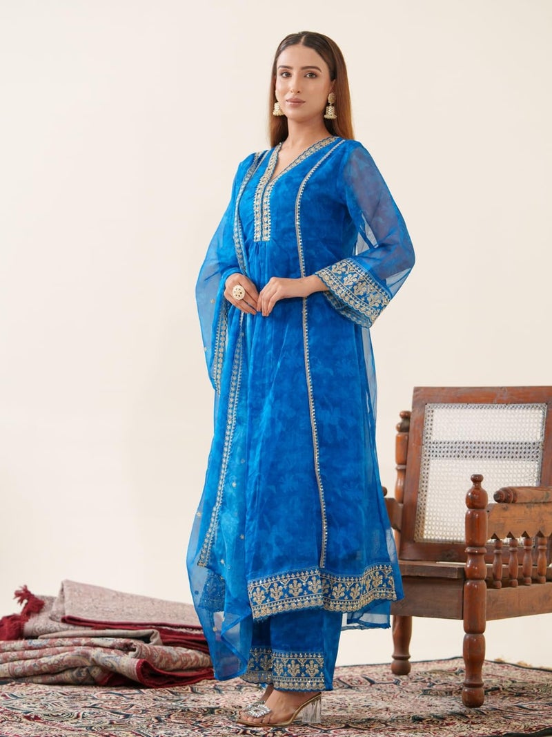 Kaari Women's Embroidered Kurti Set with Dupatta | Ethnic Suits with Embellished Dupatta | Everyday and Festive Kurti Set for Women|N Blue|L - Image 3