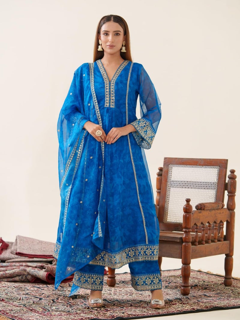 Kaari Women's Embroidered Kurti Set with Dupatta | Ethnic Suits with Embellished Dupatta | Everyday and Festive Kurti Set for Women|N Blue|L - Image 2