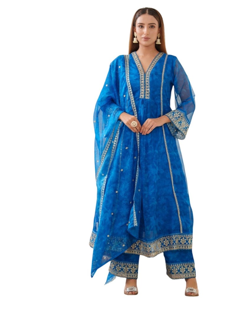 Kaari Women's Embroidered Kurti Set with Dupatta | Ethnic Suits with Embellished Dupatta | Everyday and Festive Kurti Set for Women|N Blue|L - Image 1