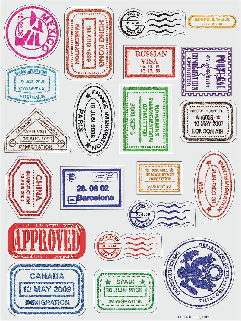 Fun Express Passport Stamp Sticker Sheets - 480 Travel-Themed Stickers for Arts and Crafts - Image 1
