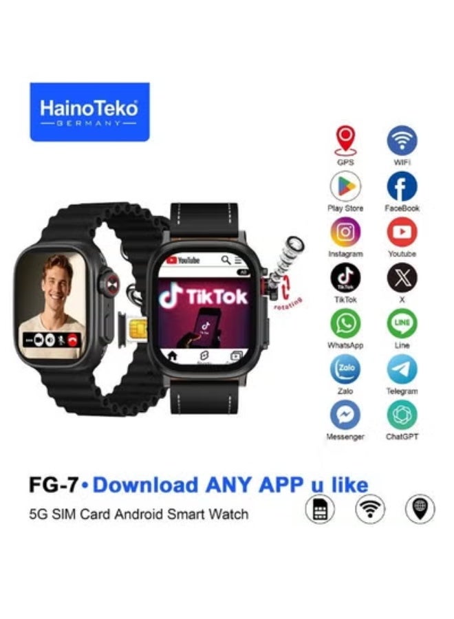 Haino Teko FG-7 5G Android Smartwatch with Rotating Camera, SIM Card Slot, WiFi, GPS Navigation & Social Media Access – HD Touchscreen Smart Fitness & Communication Watch for Men & Women, Built-in Apps, Bluetooth Calling, Fitness Tracking & Long Battery Life – Black - Image 1
