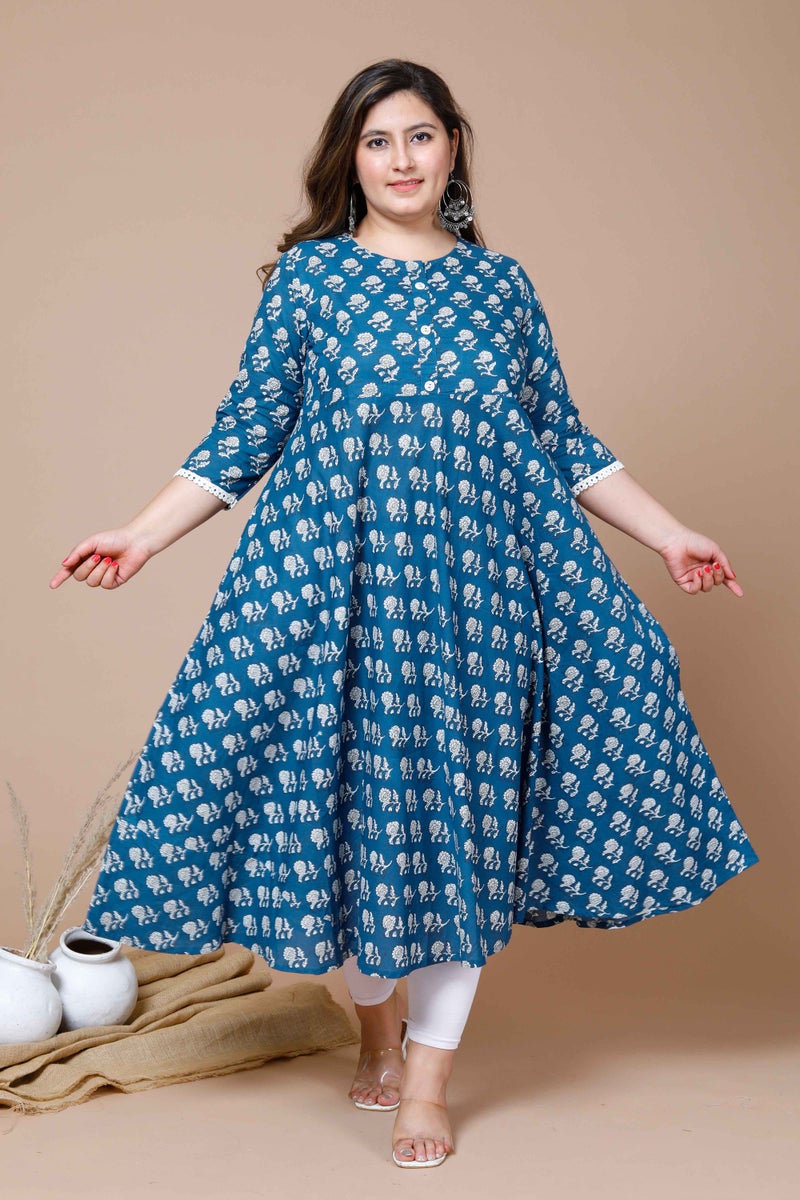 Miravan Womens Plus Size Blue Ethnic Motifs Floral Printed Cotton Anarkali Kurta - Image 1