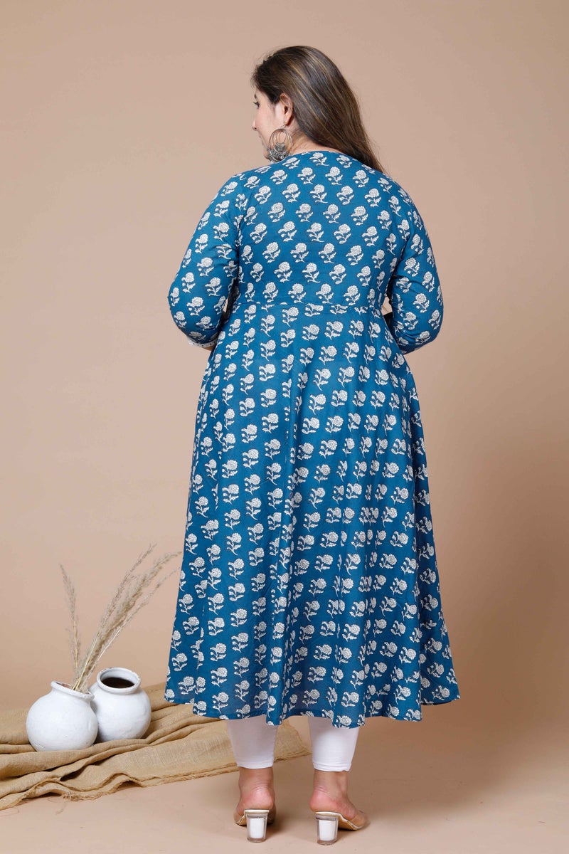 Miravan Womens Plus Size Blue Ethnic Motifs Floral Printed Cotton Anarkali Kurta - Image 2