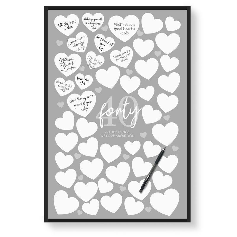 Karto 40th Birthday Signature Board for Party Party Supplies Guest Book Signing Board Or Card Alternative Poster Size 11x17 Unframed Heart Grey