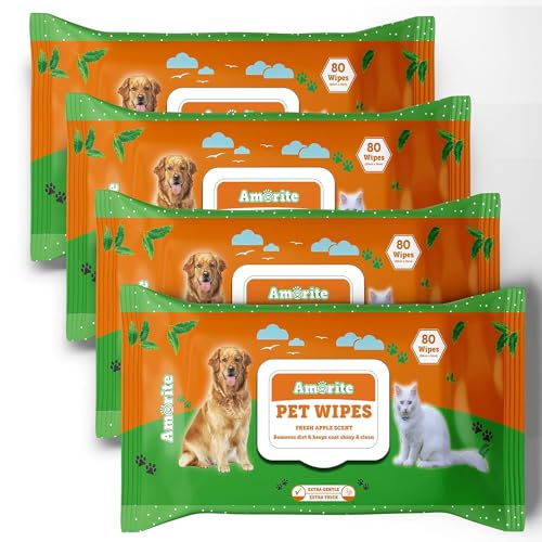 AMORITE Anti-Bacterial 320 Count Pet Wipes with Fresh Apple Scent for Dogs, Puppies & Pets (Pack of 4) Suitable for All Types of Pets' Dry Bathing, Daily Care, Paw Cleaning Wipes - Image 1