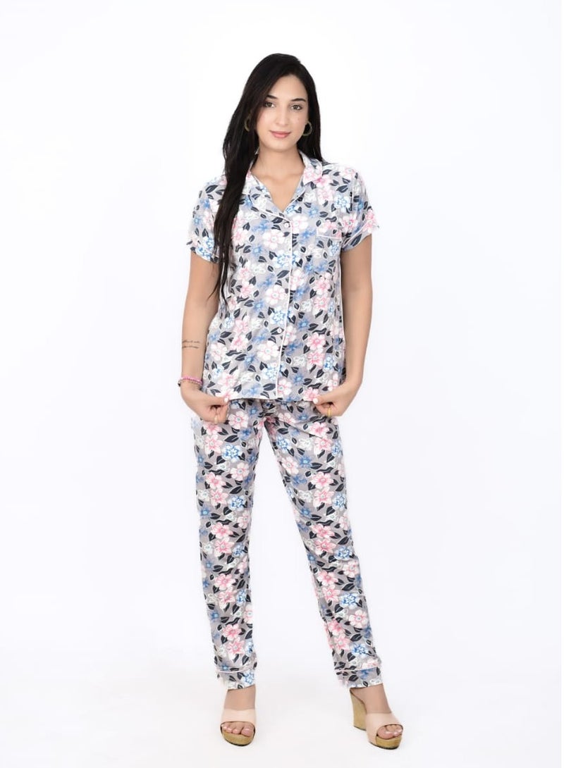 Women's Homewear – Printed Flower Pajamas with Buttons - Image 1