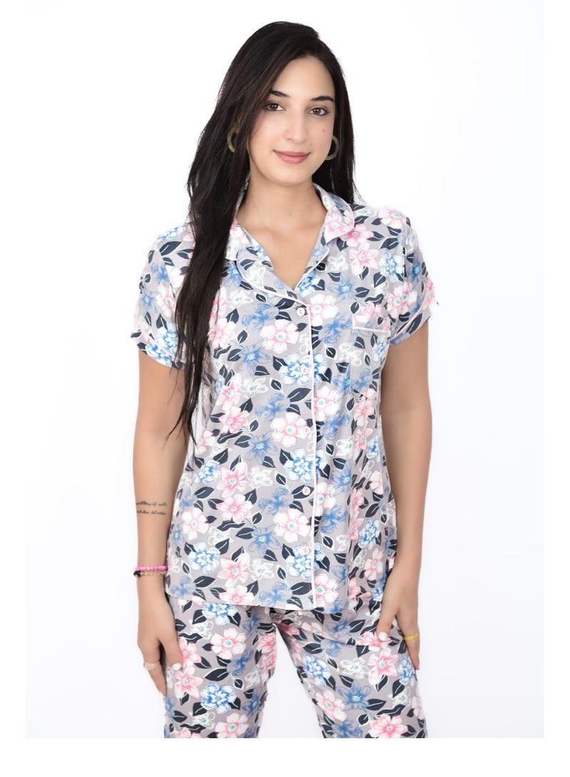 Women's Homewear – Printed Flower Pajamas with Buttons - Image 2