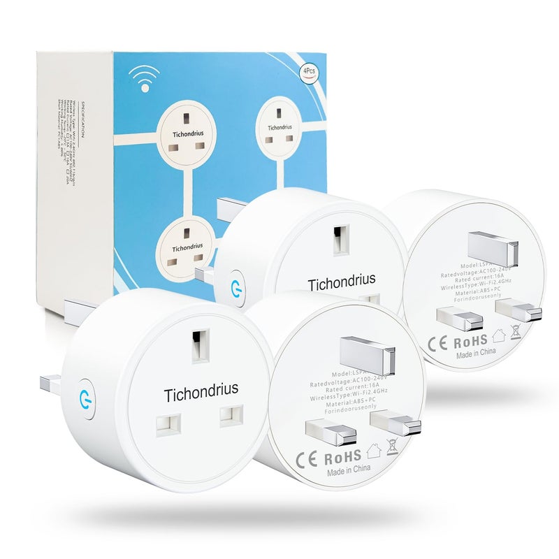 Tichondrius Smart WiFi Plug, Smart Outlet Plug Socket Compatible with Alexa, Mini Socket with Remote Control & Voice with Electricity Statistics Timer Function, No Hub Required (Pack, 4) - Image 1