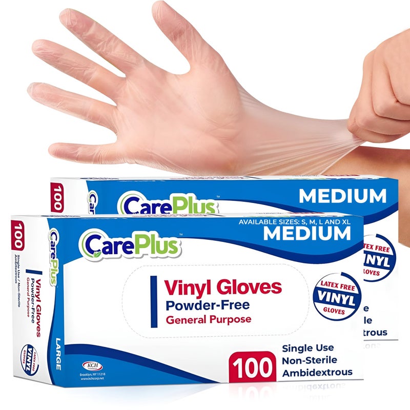 CARE PLUS Vinyl Gloves Clear Medium Size 200 Count Heavy Duty NonSterile PowderFree LatexFree Rubber Food Prep Kitchen Cleaning Gloves Ideal for Professional Use