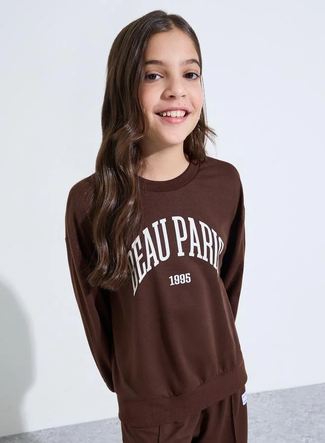 Styli Teen Girls Brown Slogan Print Oversized Sweatshirt and Wide Leg Joggers Set